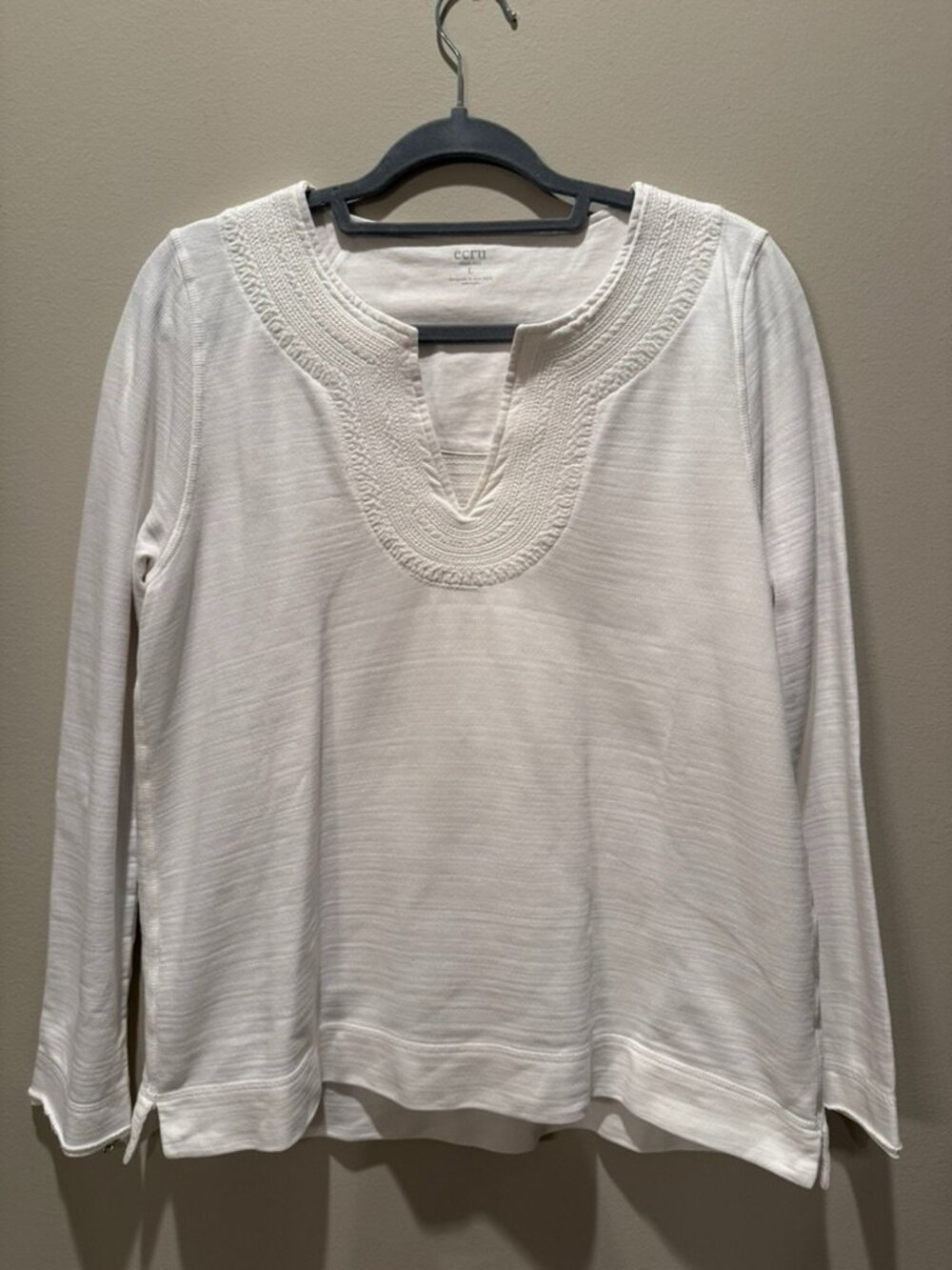 Ecru White Embroidered Cotton Terry Pullover Top Size Large Boho Coastal